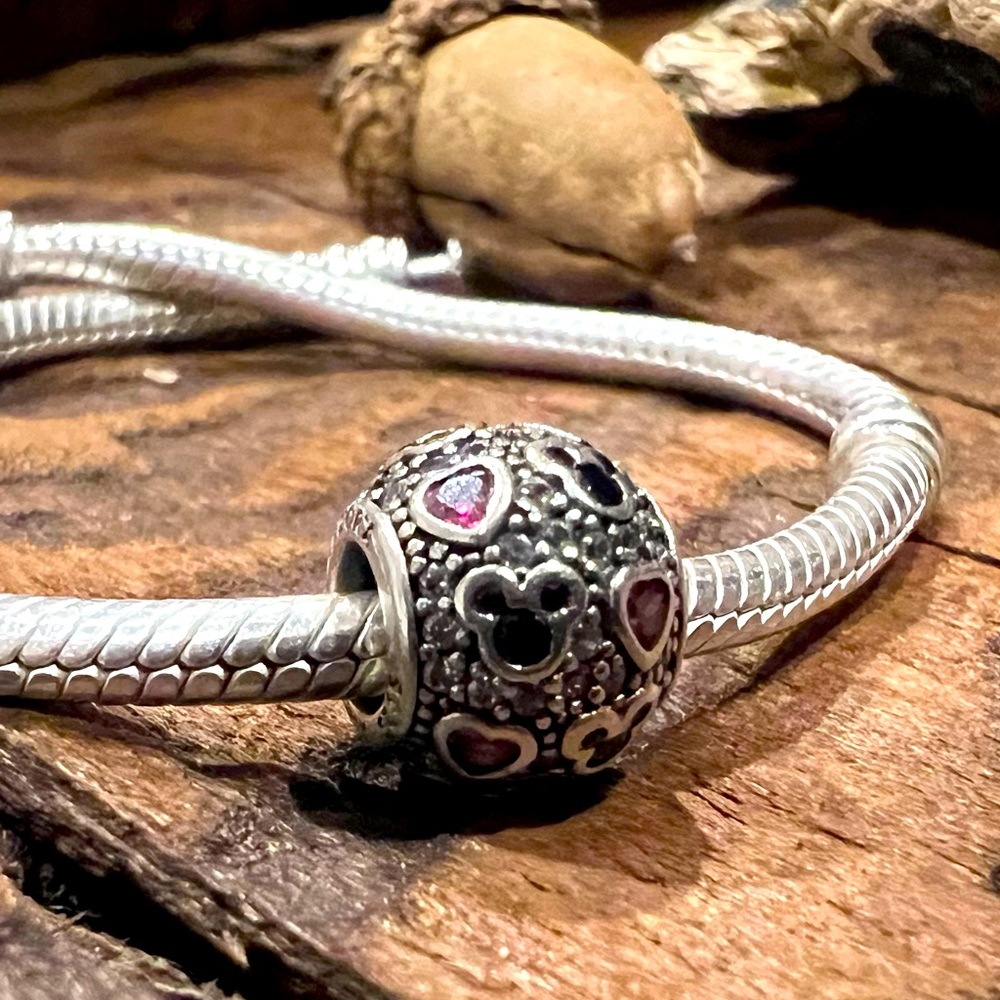 Authentic Pandora Charm Disney Mickey and Hearts Red Clear Cz Pave Silver Mouse